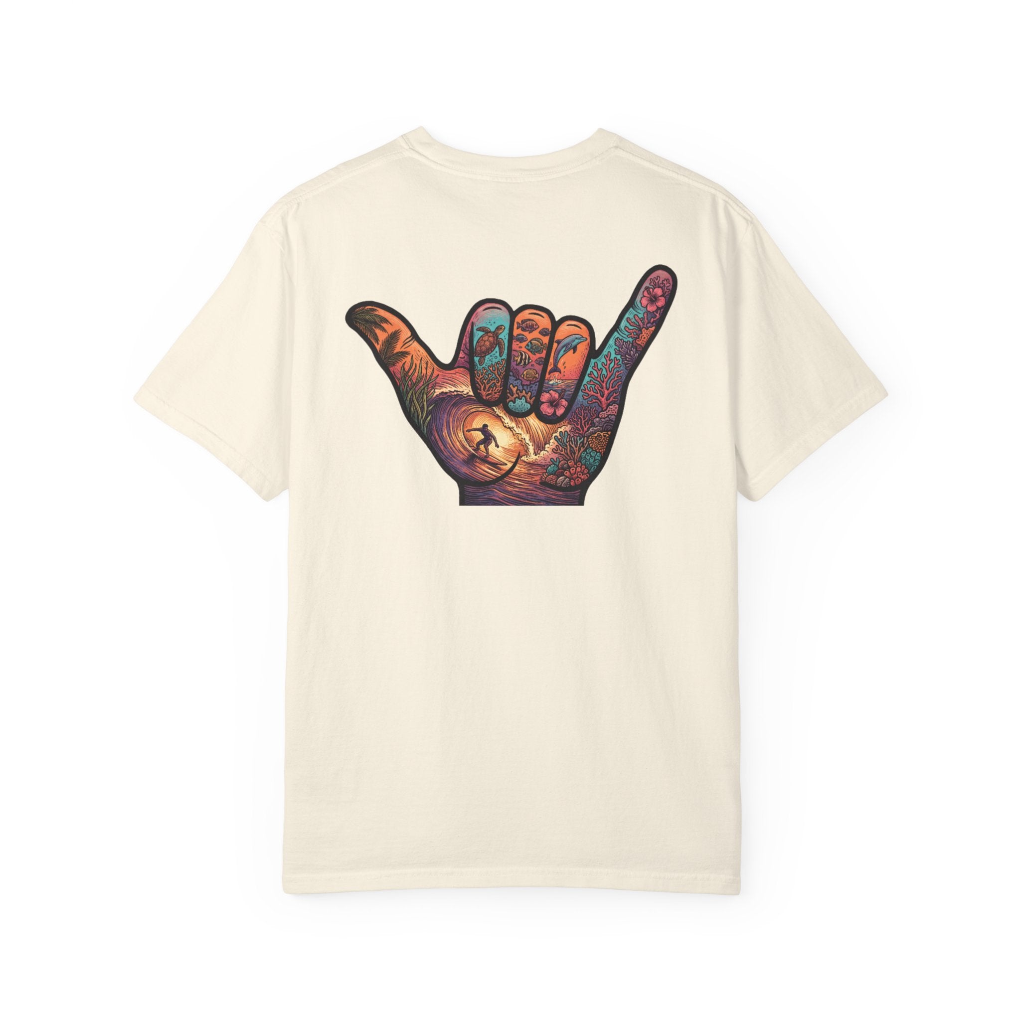 Shaka Graphic T-Shirt — Colorful Hand Sign Tee with 'Grateful Hand' Chest Logo