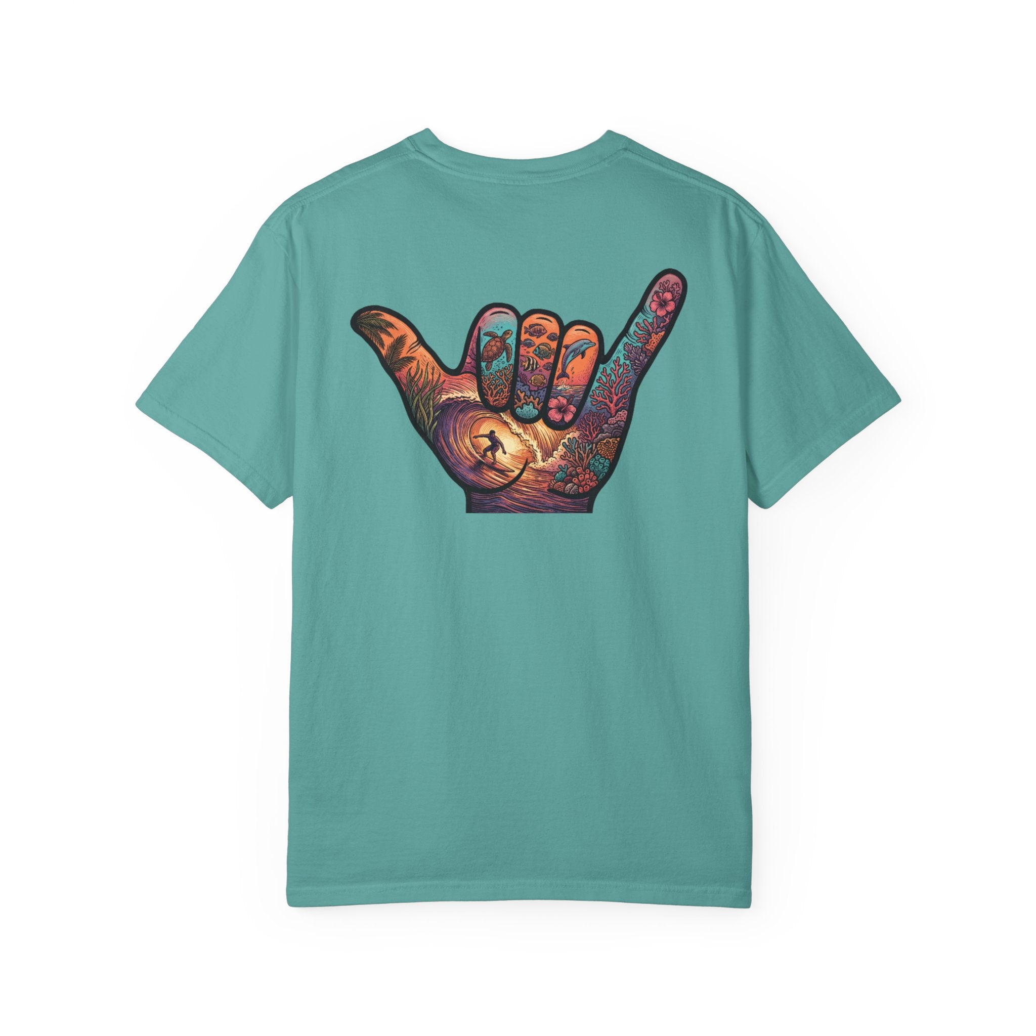 Shaka Graphic T-Shirt — Colorful Hand Sign Tee with 'Grateful Hand' Chest Logo