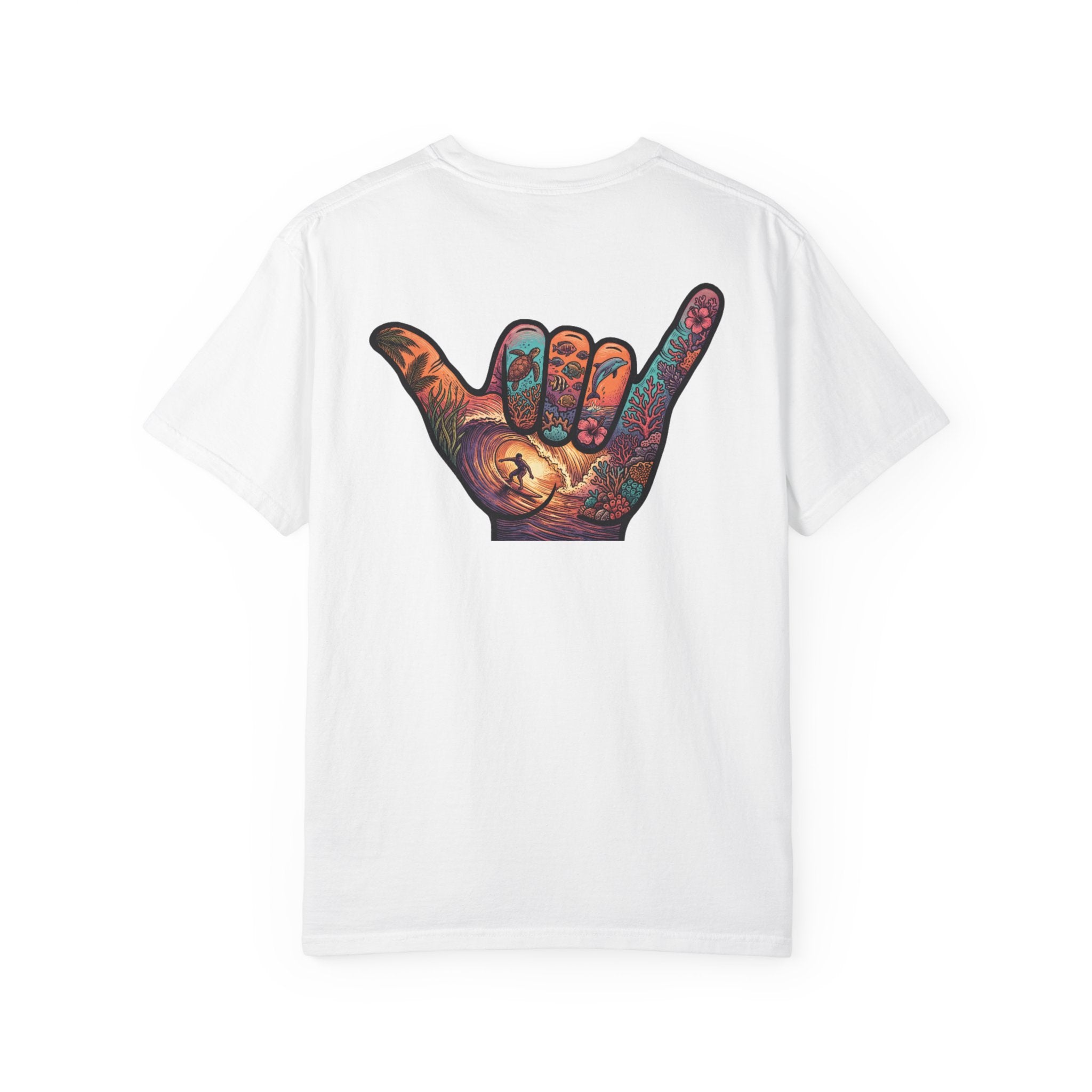 Shaka Graphic T-Shirt — Colorful Hand Sign Tee with 'Grateful Hand' Chest Logo