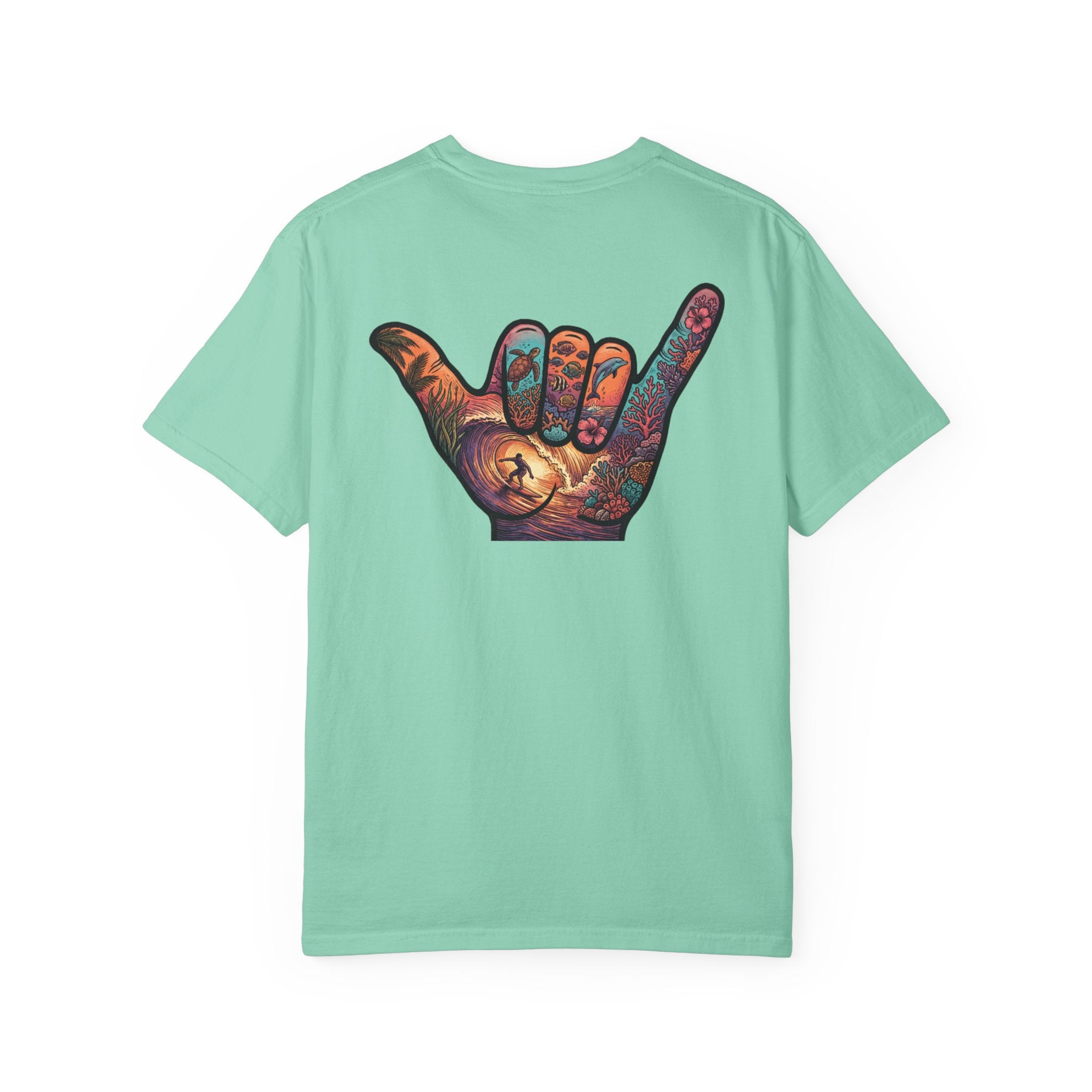 Shaka Graphic T-Shirt — Colorful Hand Sign Tee with 'Grateful Hand' Chest Logo