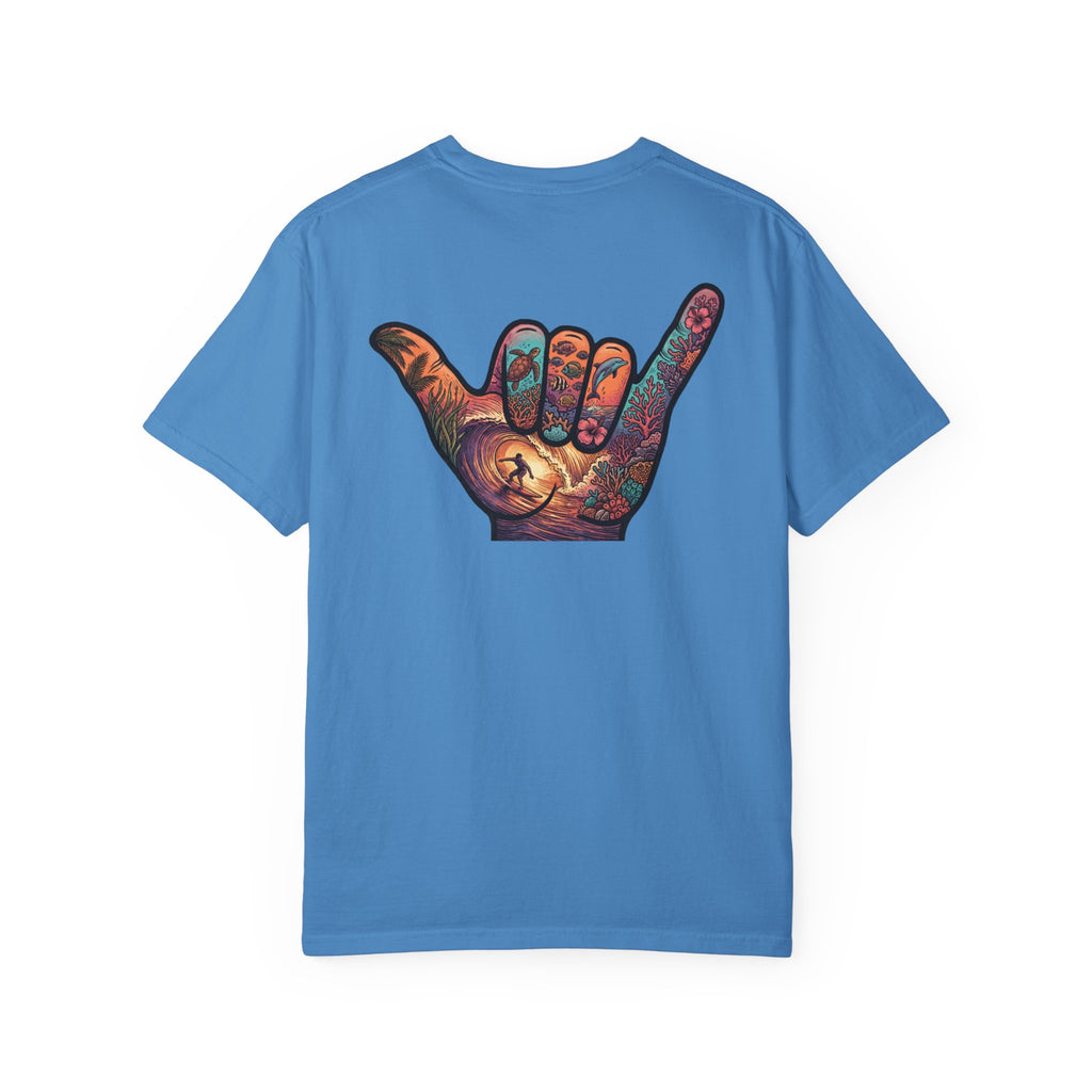 Shaka Graphic T-Shirt — Colorful Hand Sign Tee with 'Grateful Hand' Chest Logo