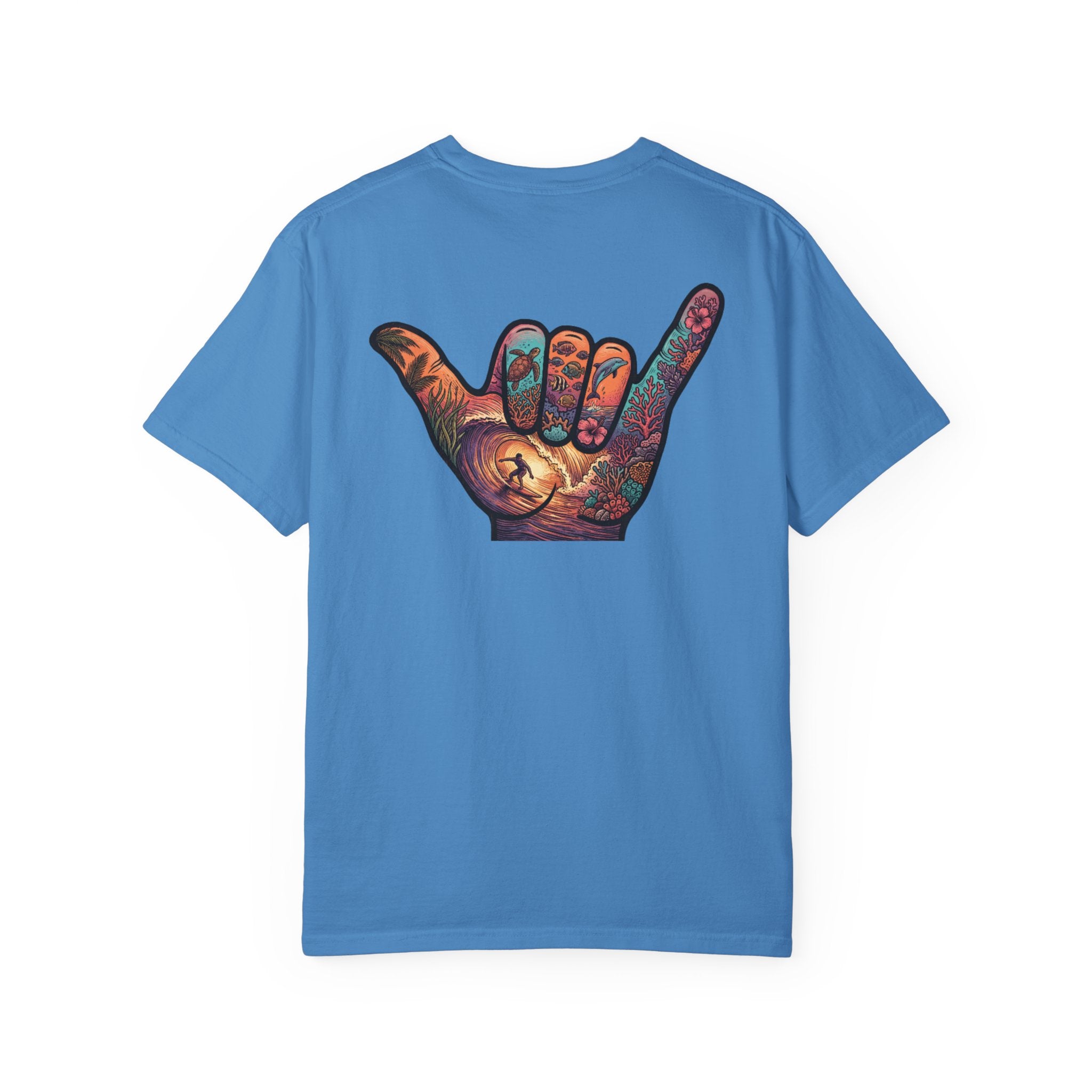 Shaka Graphic T-Shirt — Colorful Hand Sign Tee with 'Grateful Hand' Chest Logo
