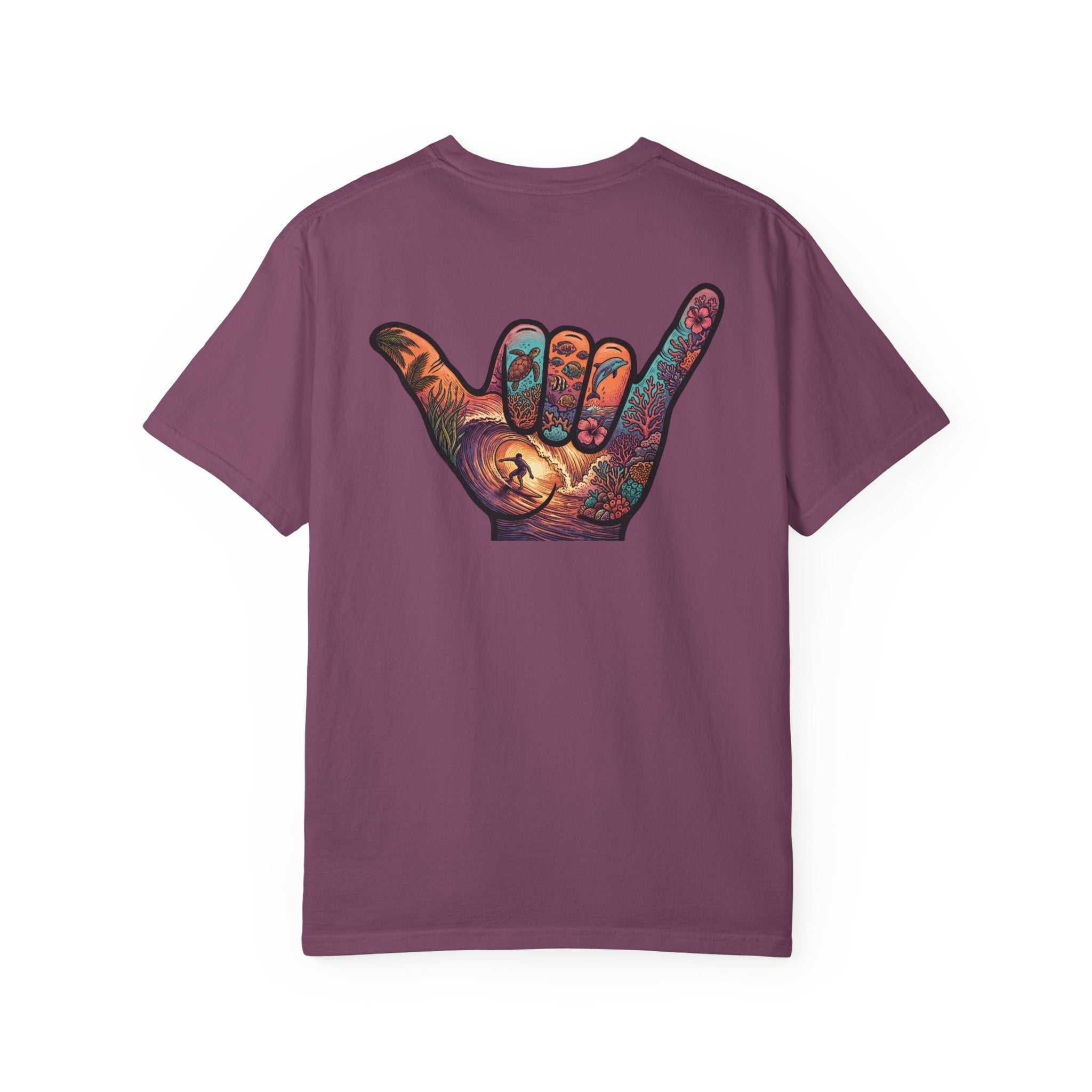Shaka Graphic T-Shirt — Colorful Hand Sign Tee with 'Grateful Hand' Chest Logo
